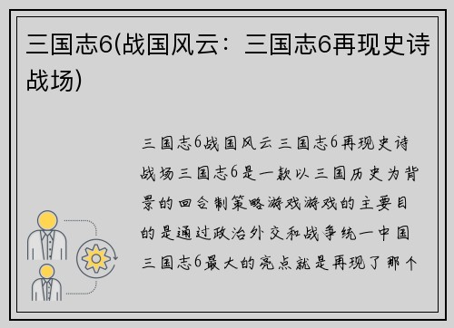 三国志6(战国风云：三国志6再现史诗战场)